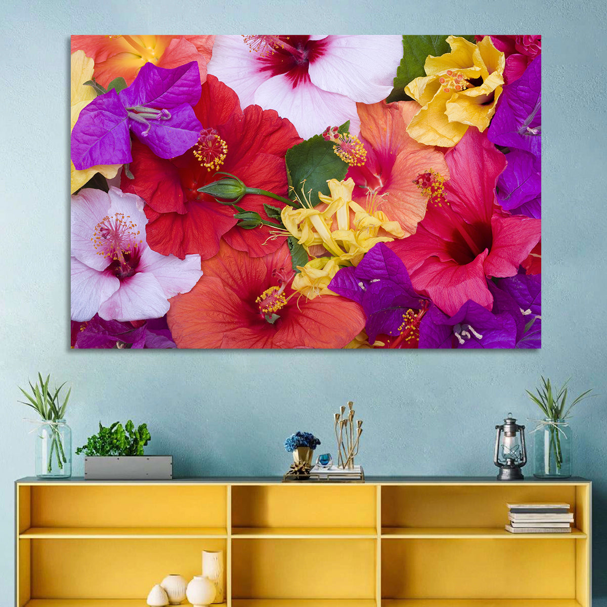 Tropical Bougainvillea and Hibiscus Bloom Wall Art in a room, landscape