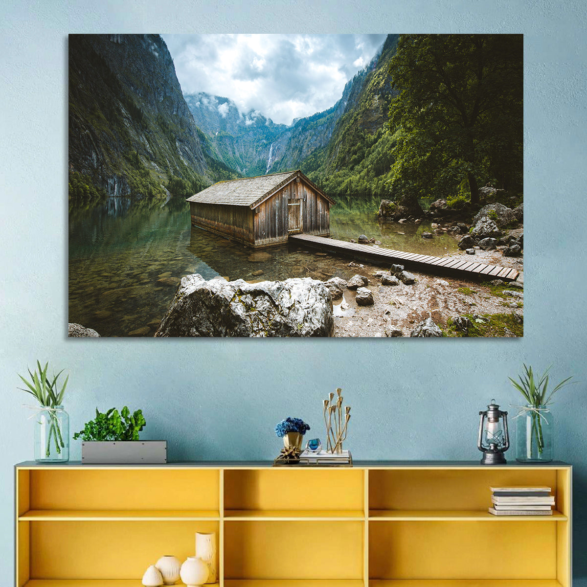 Cabin on Lake Obersee Wall Art in a room, landscape