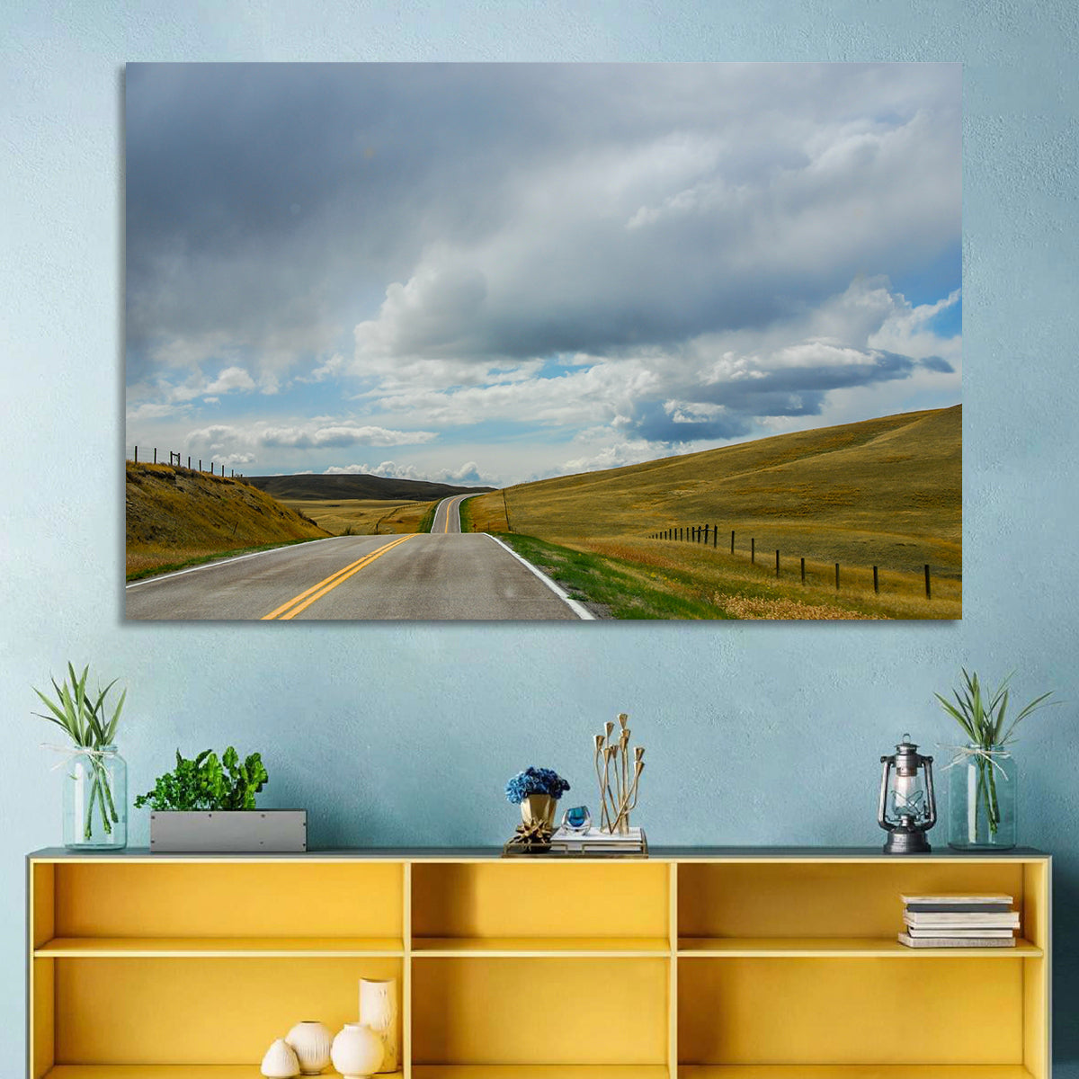 Montana Road Through Golden Hills Wall Art in a room, landscape