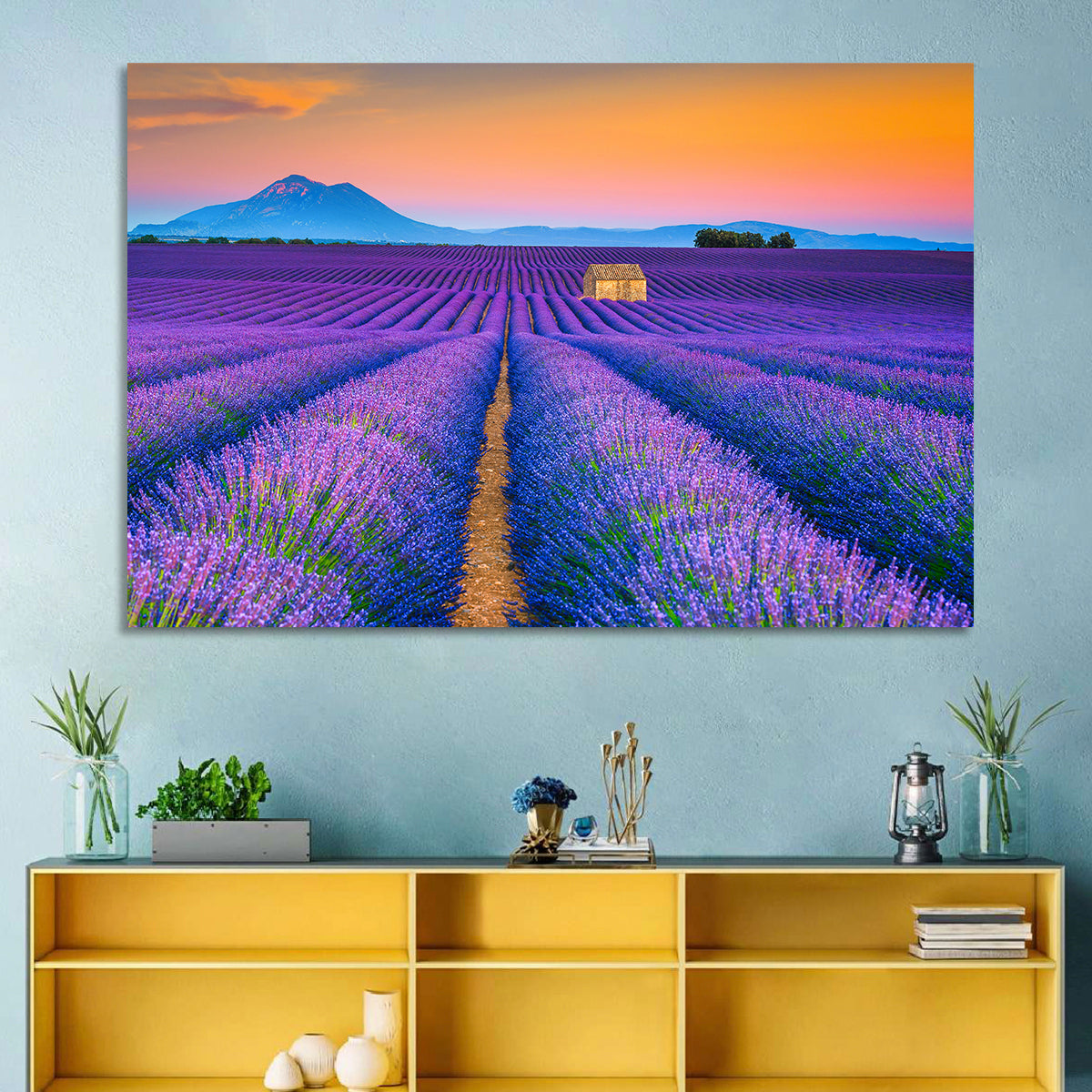 Valensole Lavender Fields at Sunset Wall Art in a room, landscape
