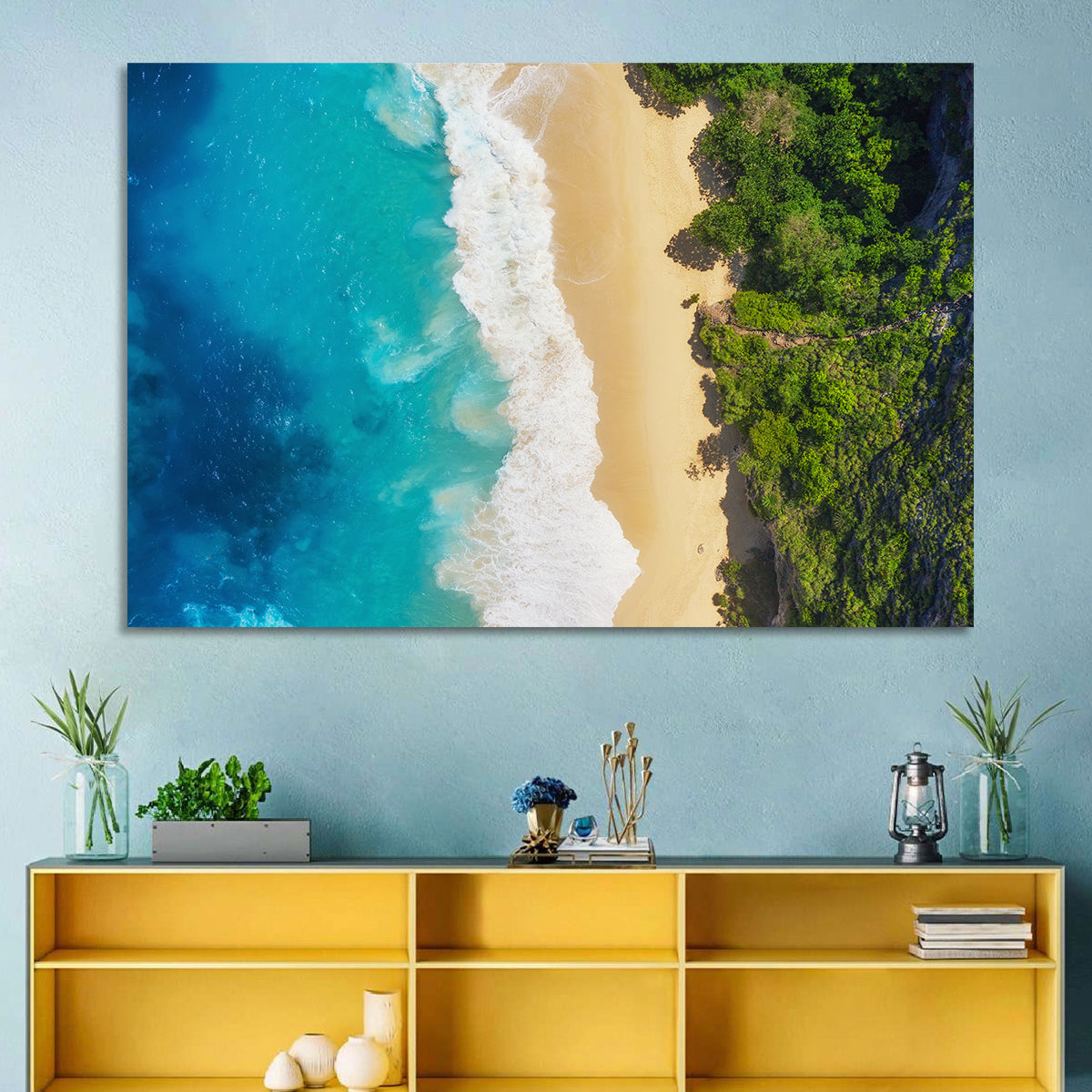 Aerial Turquoise Beach View Wall Art in a room, landscape