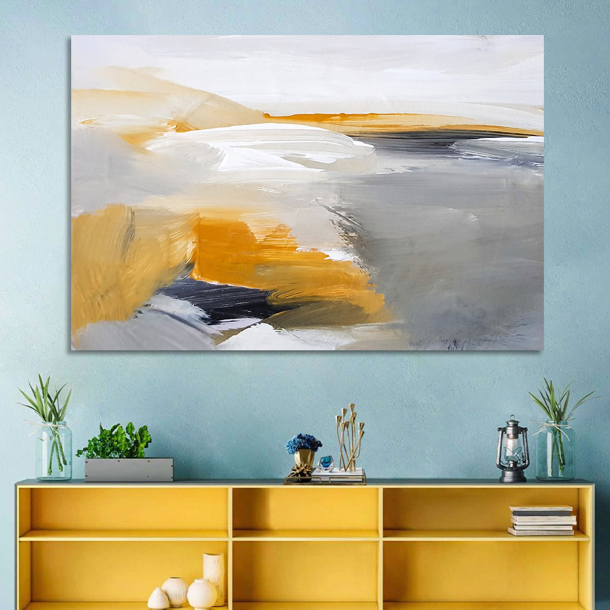 White Coastal Abstract Landscape Wall Art in a room, landscape