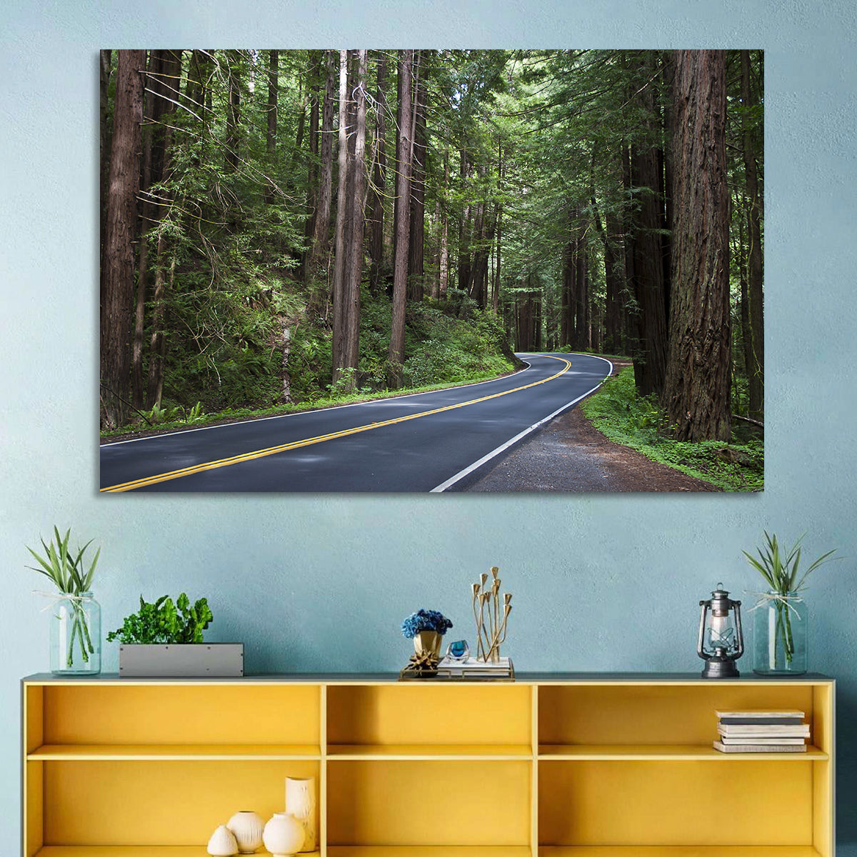 Winding Redwood Forest Road Wall Art in a room, landscape