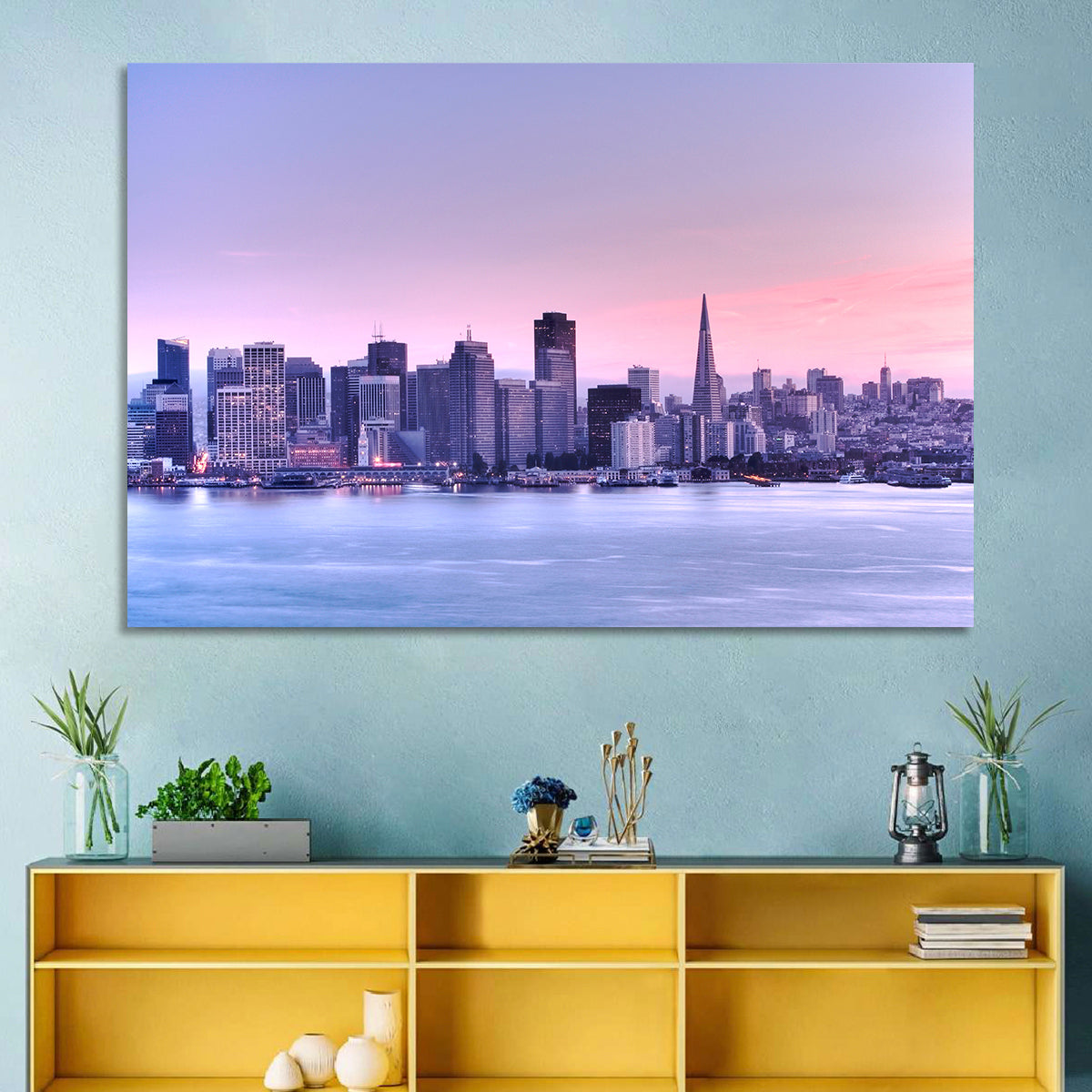San Francisco Skyline at Lavender Dusk Wall Art in a room, landscape