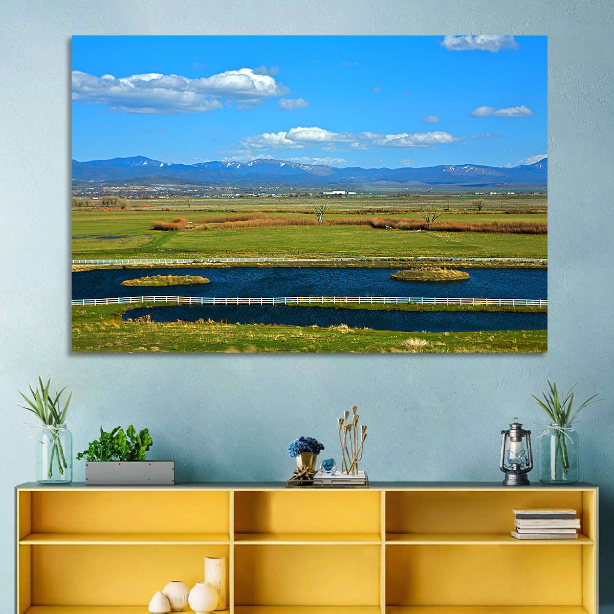 Genoa Township Pond View Wall Art in a room, landscape