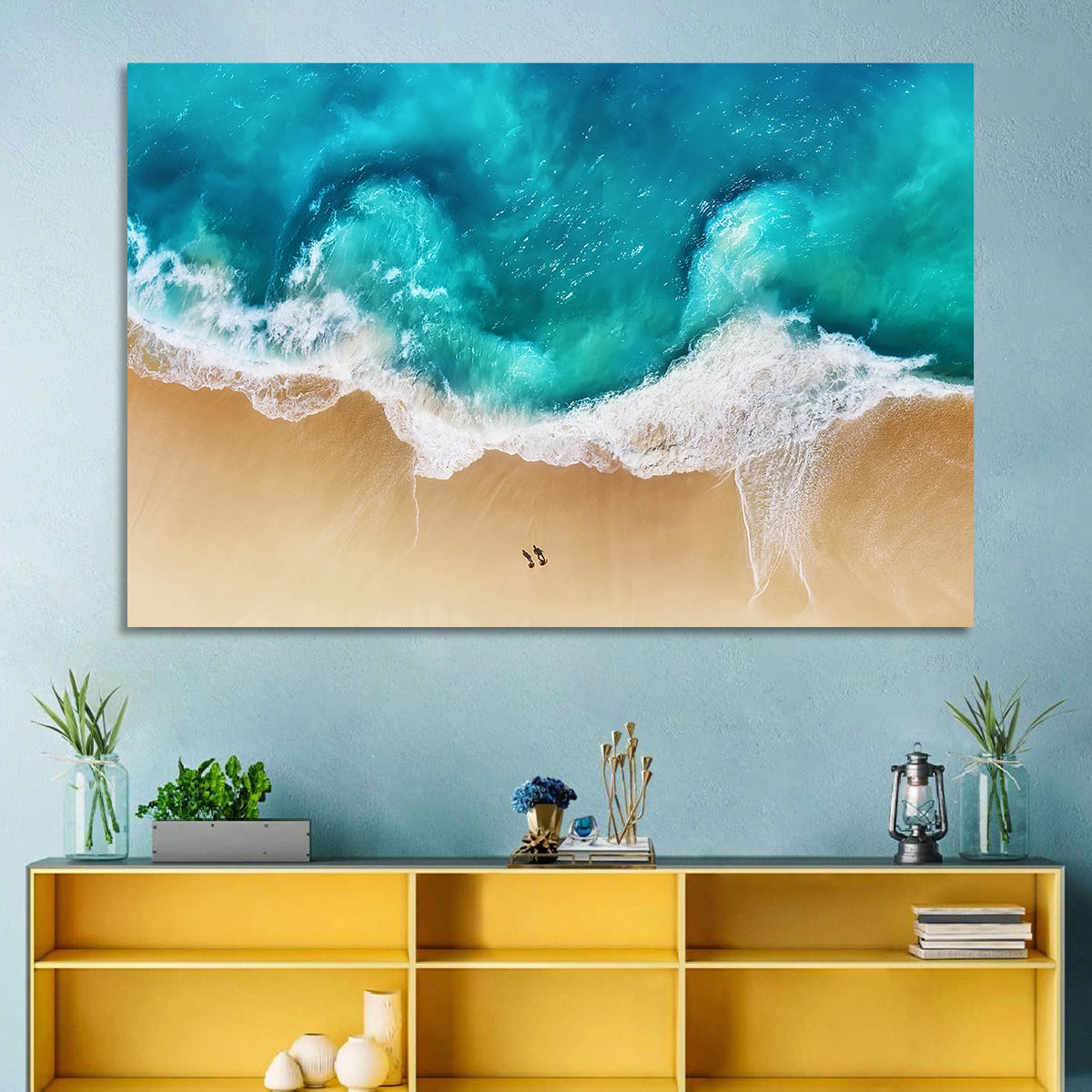 Turquoise Beach Aerial Wall Art in a room, landscape