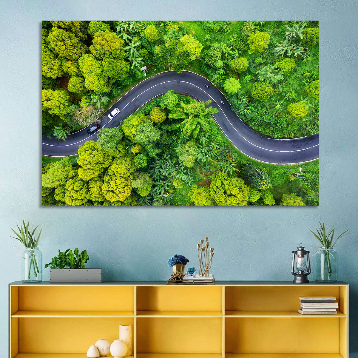 Winding Tropical Forest Road Wall Art in a room, landscape
