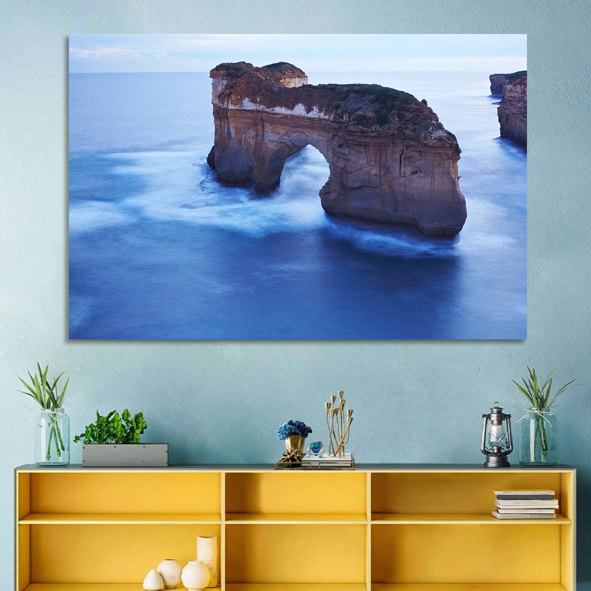 London Arch Ocean Cliffs at Dawn Wall Art in a room, landscape