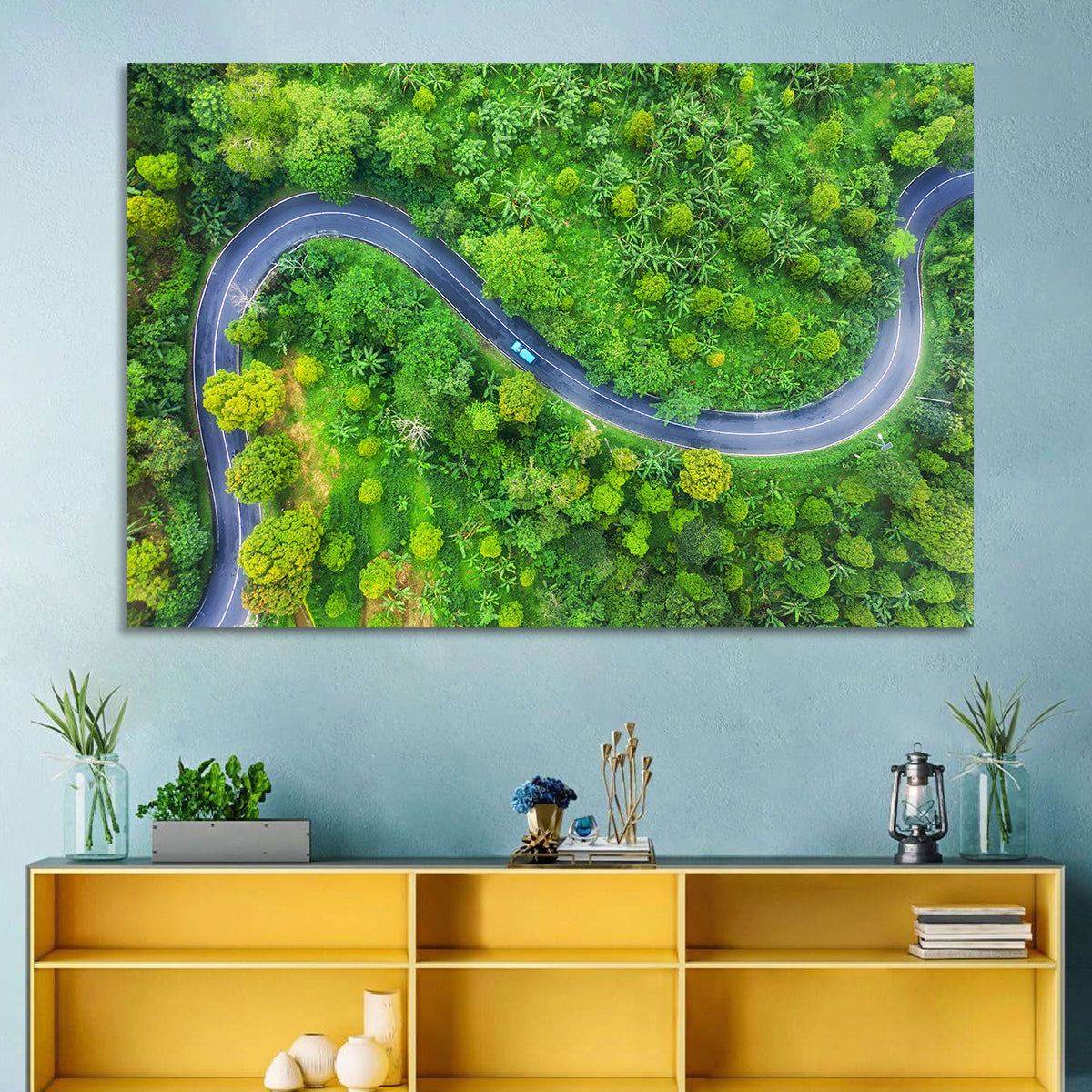 Blue Car on Summer Forest Road Wall Art in a room, landscape