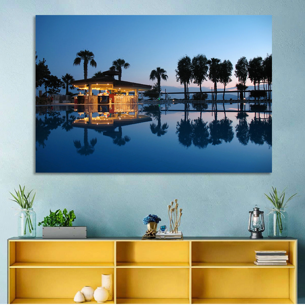 Twilight Poolside Bar Wall Art in a room, landscape