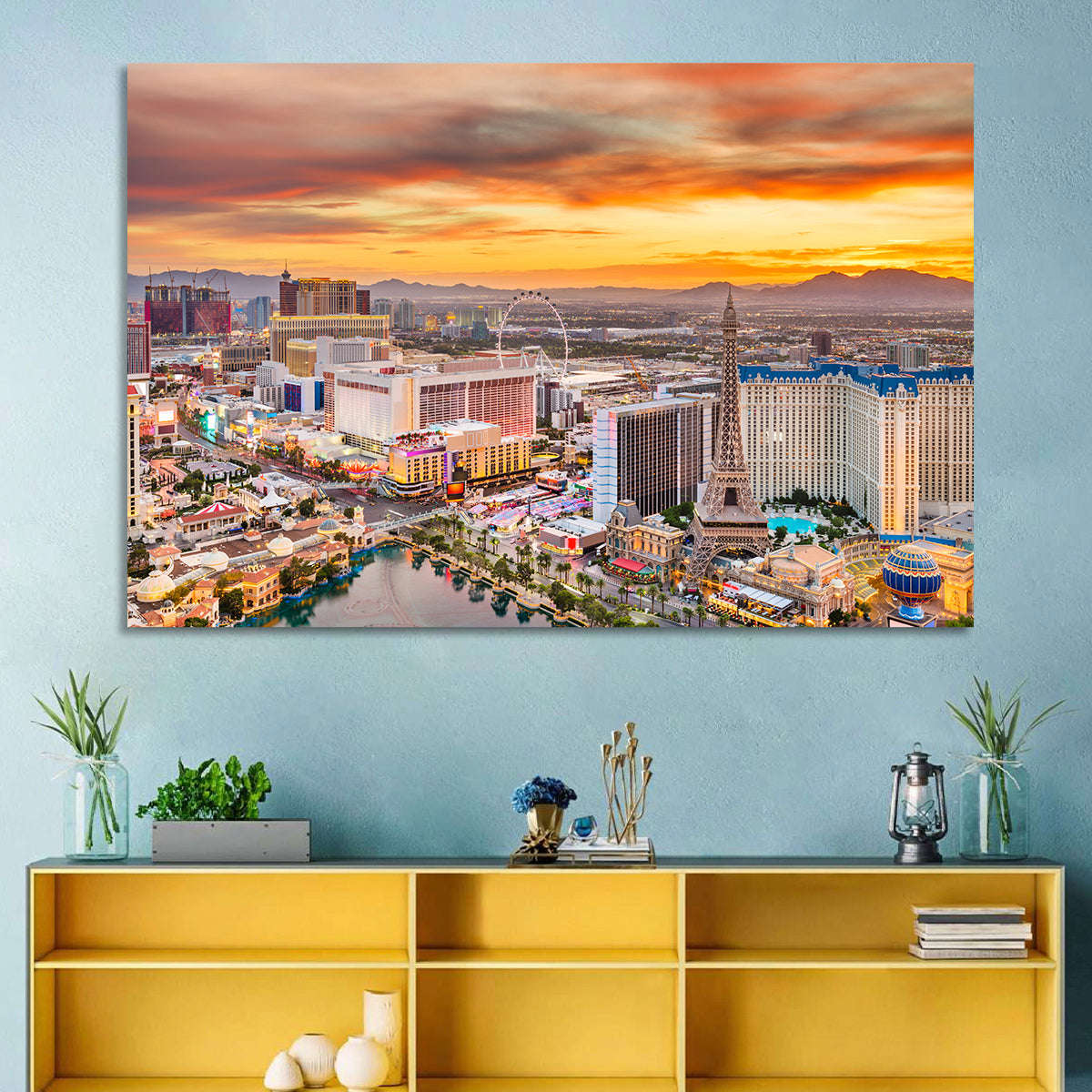 Las Vegas Strip Sunset Cityscape Wall Art in a room, landscape