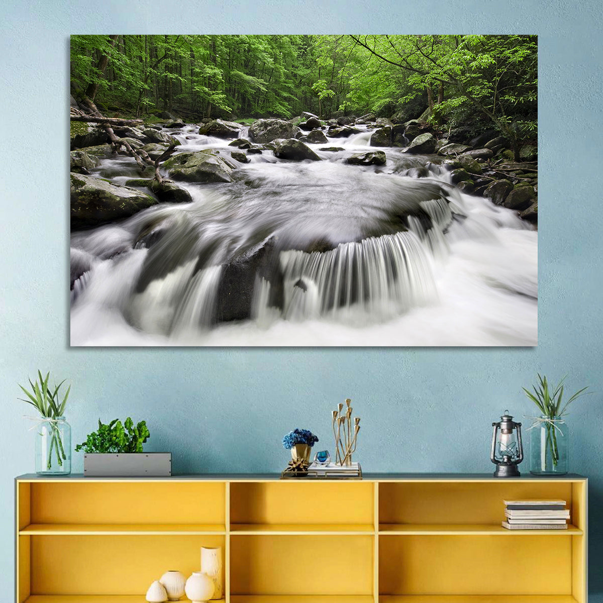 Smoky Mountains Cascading Stream Wall Art in a room, landscape