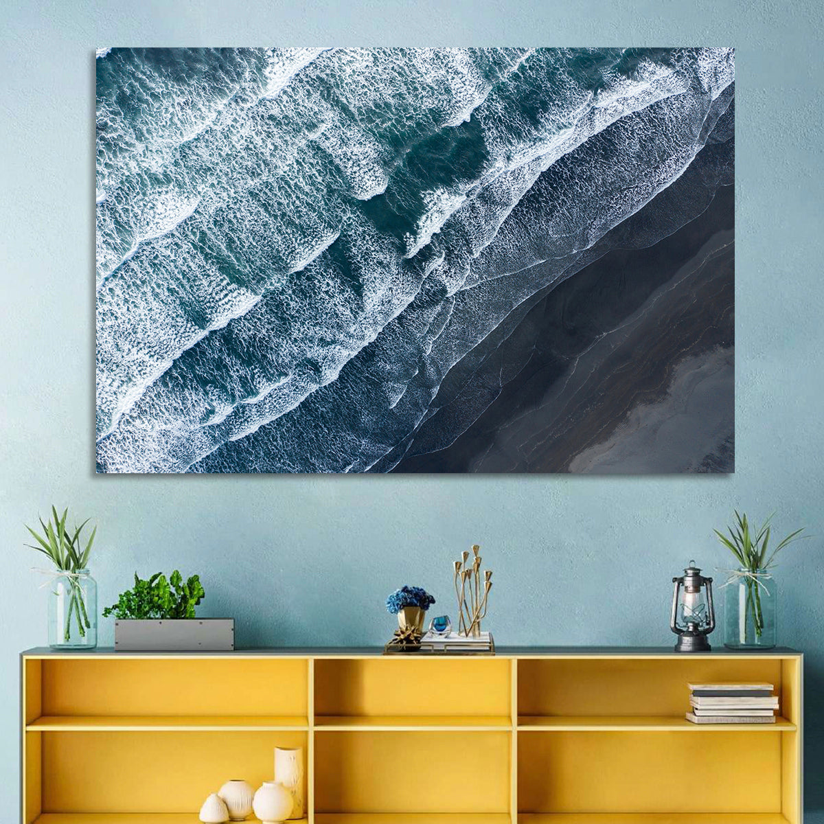 Volcanic Surf on Black Sand Wall Art in a room, landscape