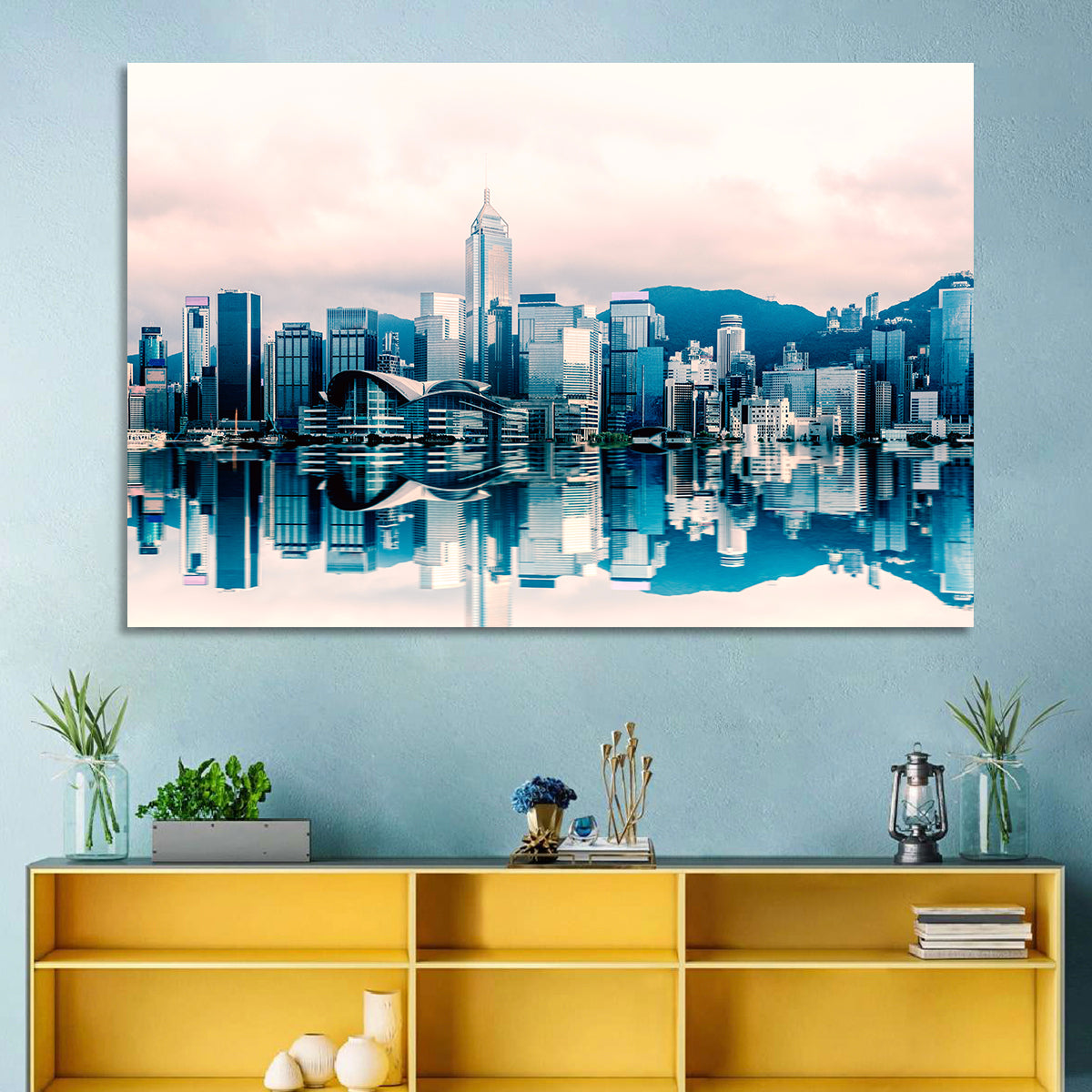 Victoria Harbour Sketch at Dusk Wall Art in a room, landscape