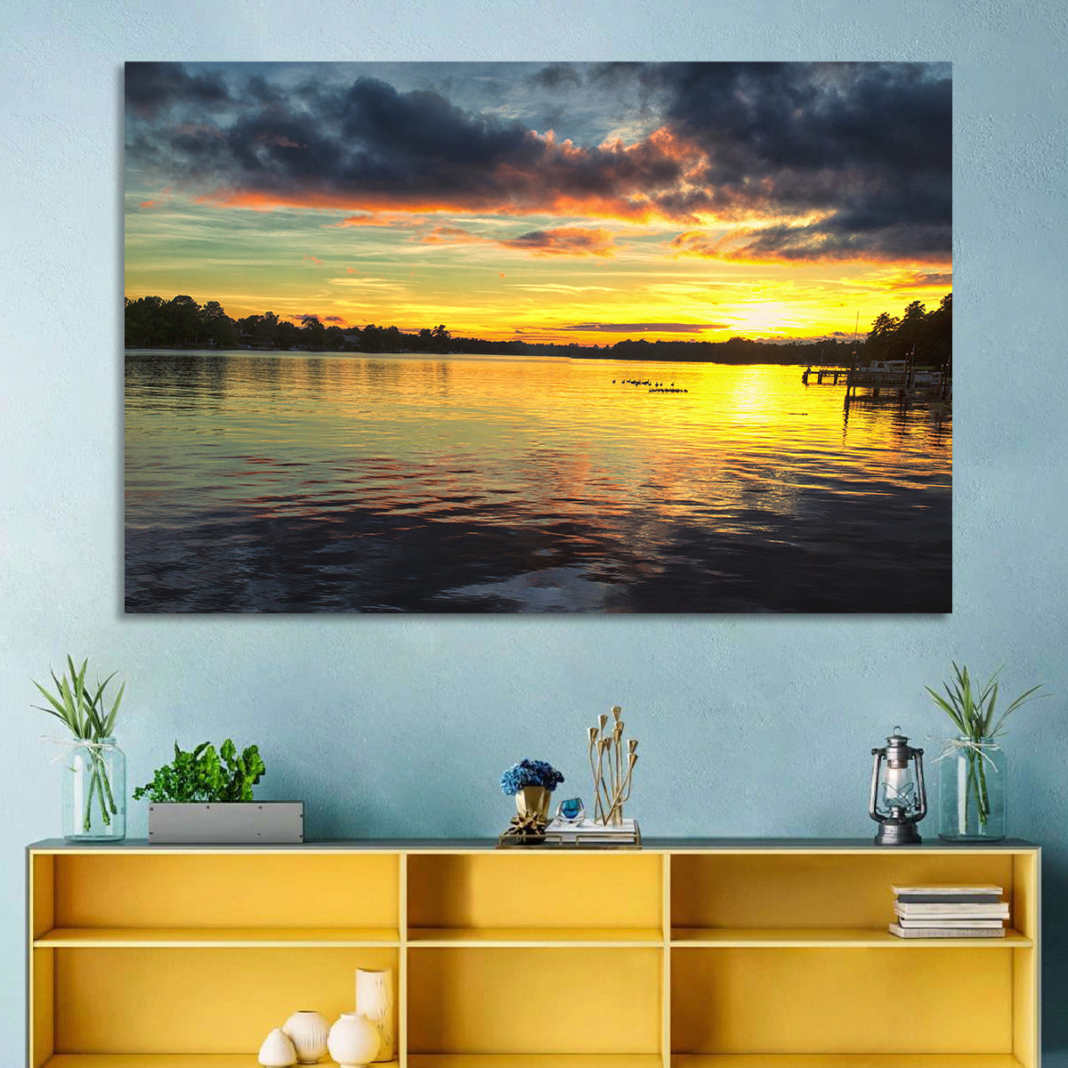 Lake Marion Sunset Wall Art in a room, landscape