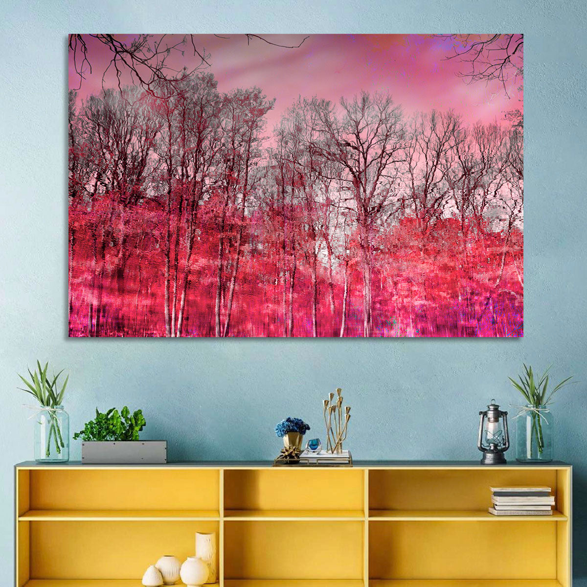 Autumn Trees Reflection Wall Art in a room, landscape