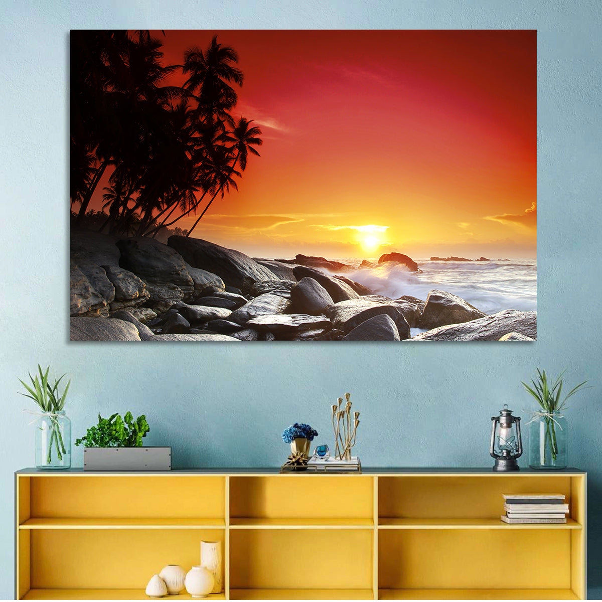 Tropical Island Sunset Wall Art in a room, landscape