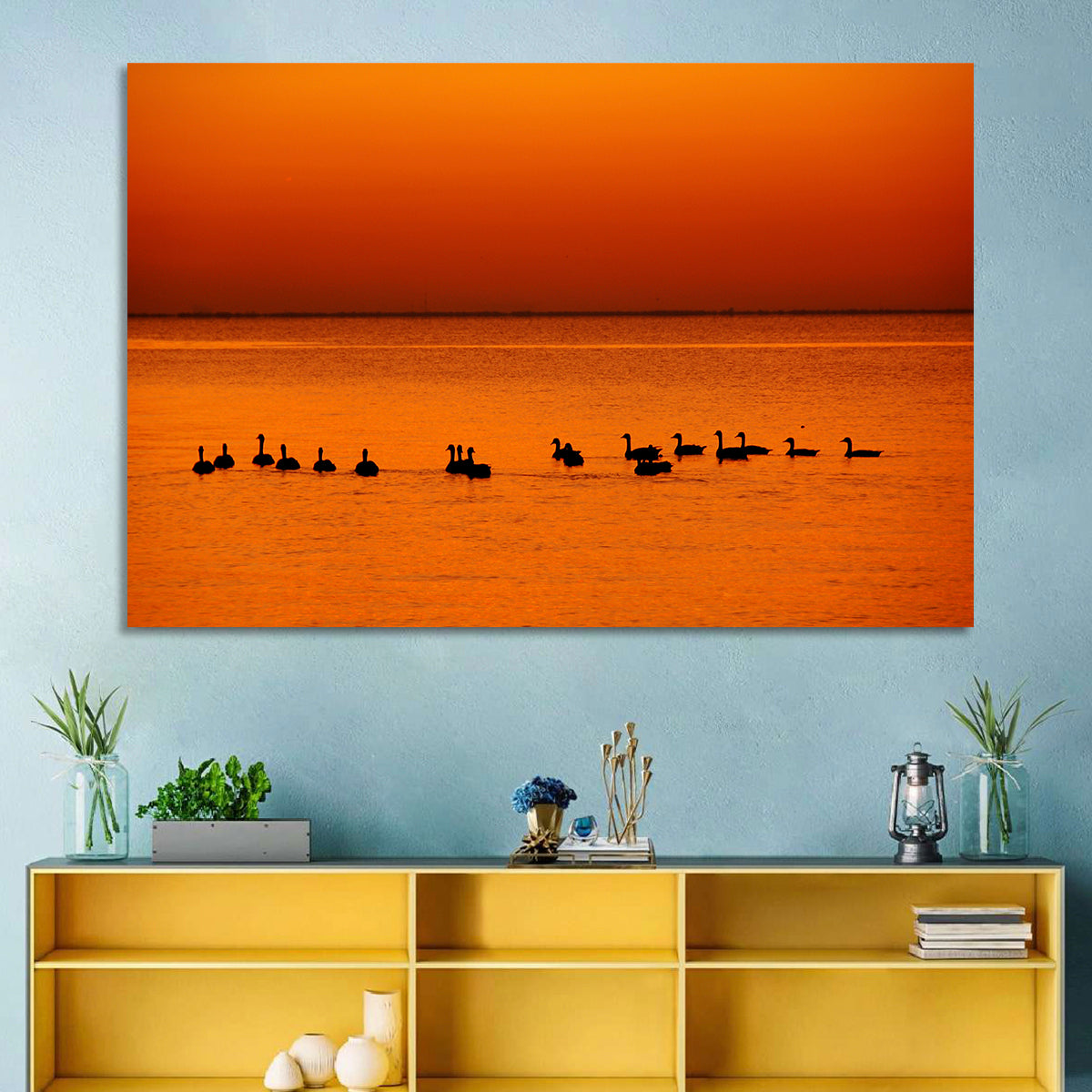 Geese Silhouettes at Orange Sunset Wall Art