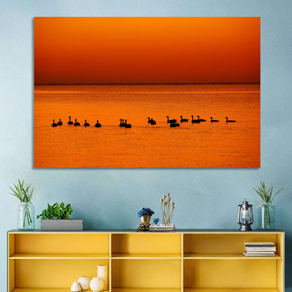 Geese Silhouettes at Orange Sunset Wall Art