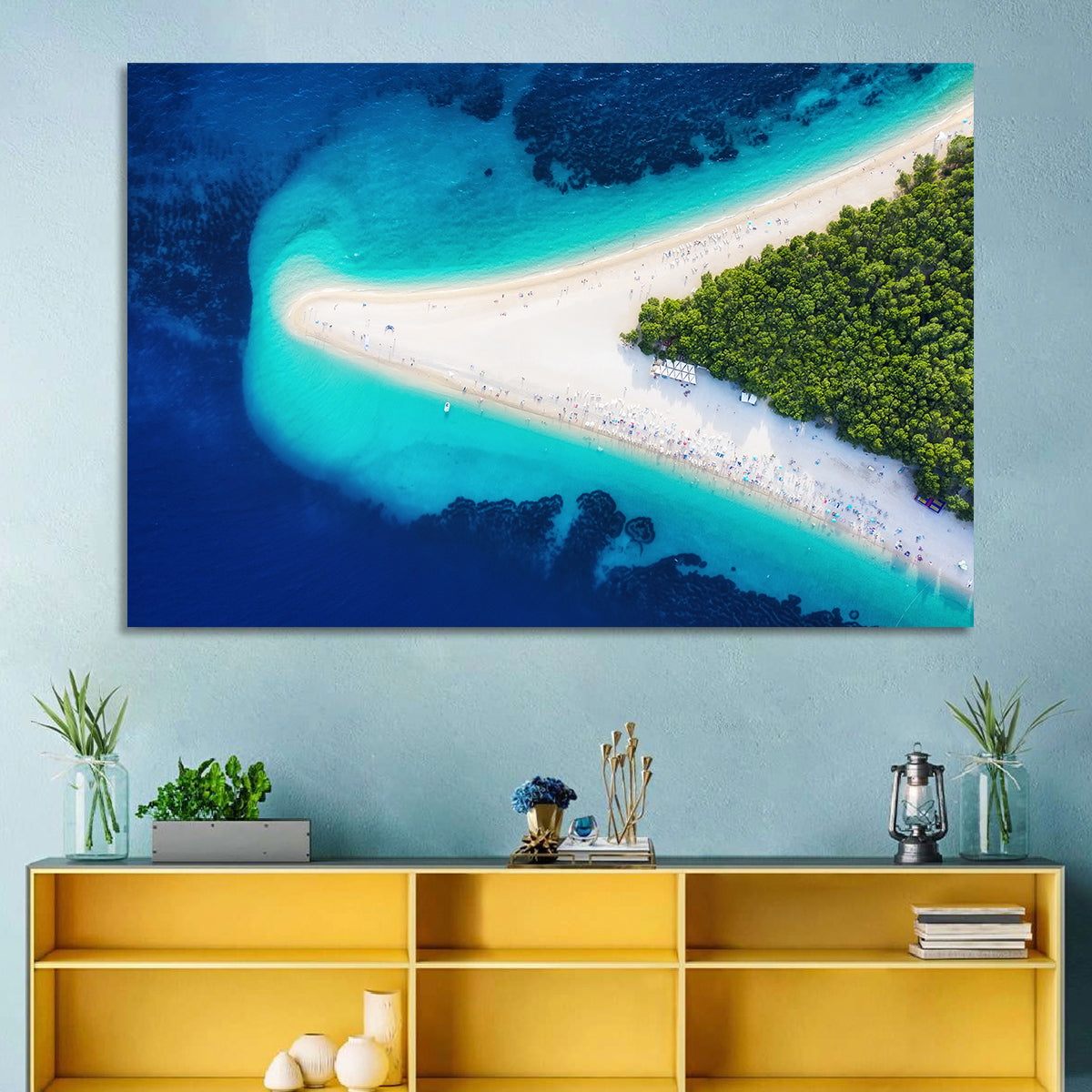 Zlatni Rat Beach Aerial Coast Wall Art in a room, landscape
