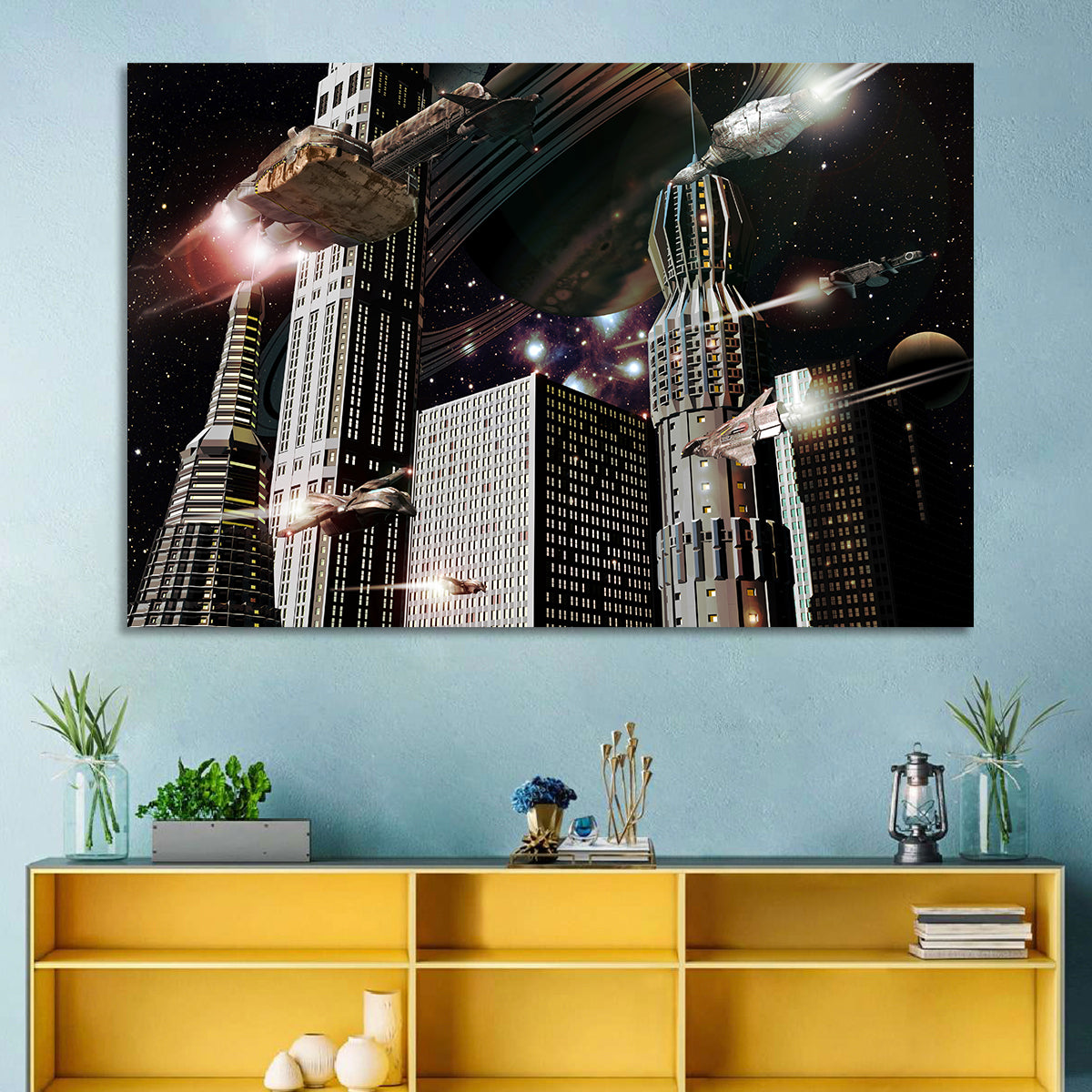 Ringed Planet Cityscape Wall Art