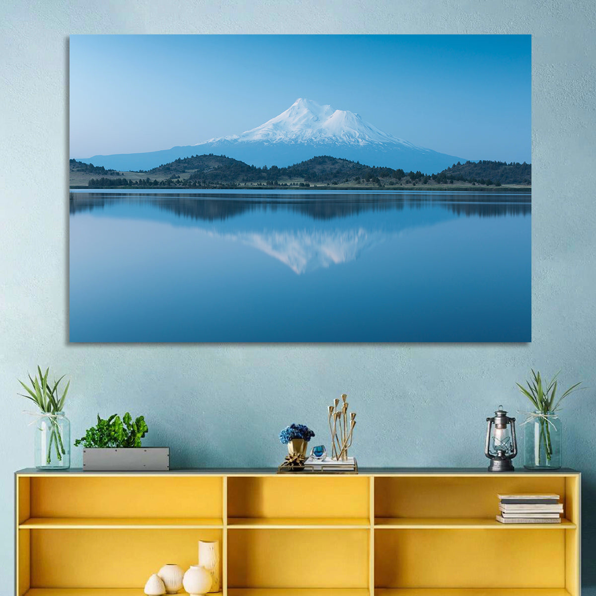 Snowy Mount Shasta Wall Art in a room, landscape