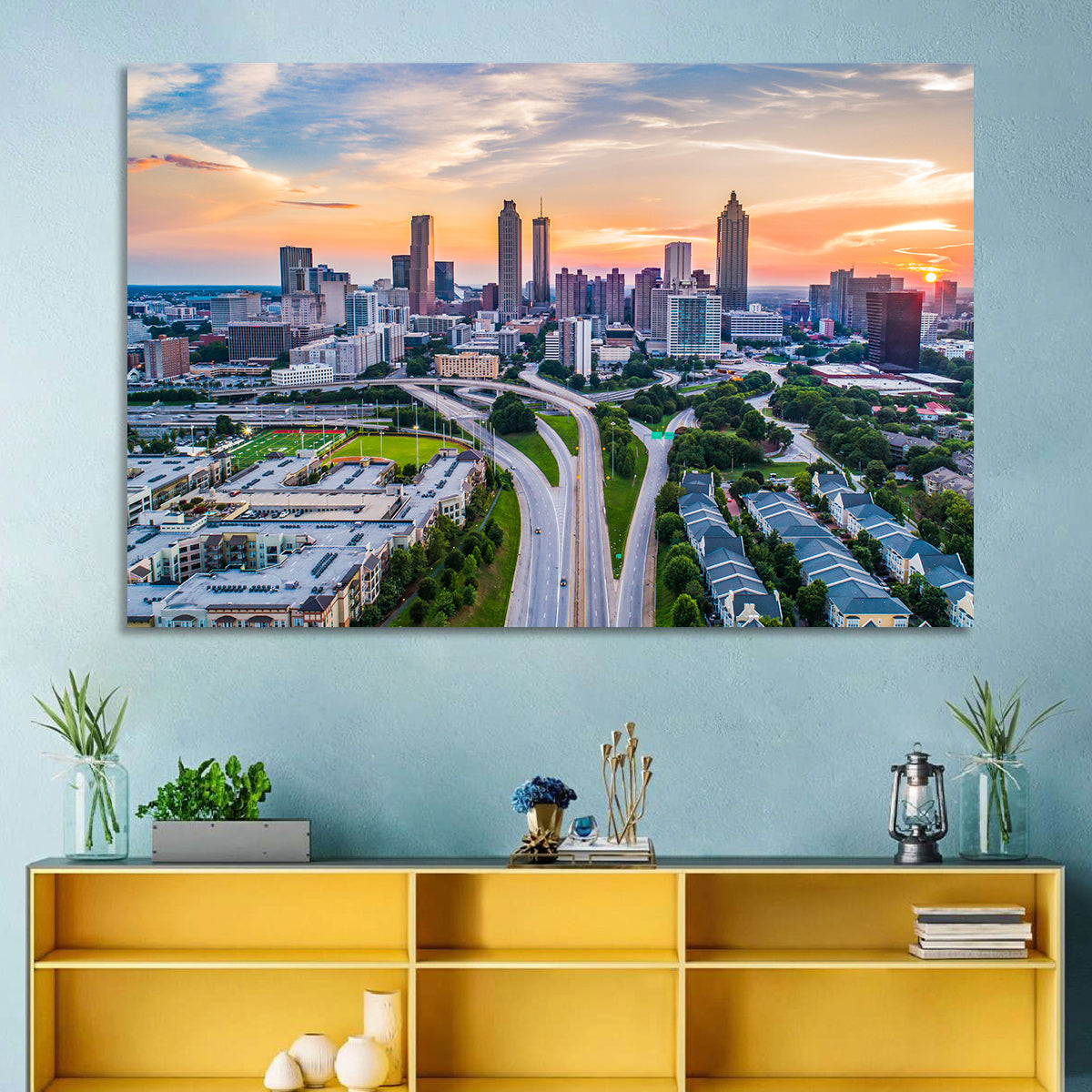 Downtown Atlanta Skyline Wall Art in a room, landscape