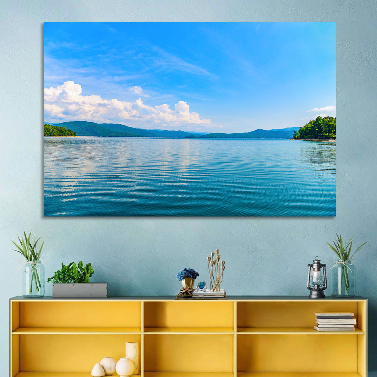 Lake Jocassee Wall Art in a room, landscape