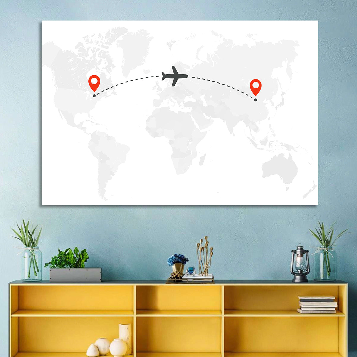 Air Travel World Map Wall Art in a room, landscape