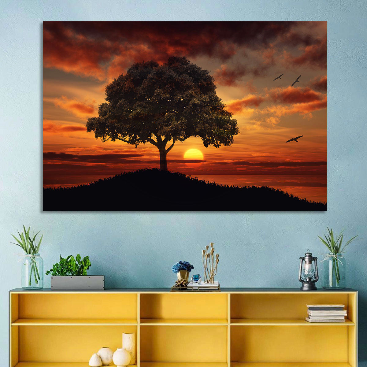 Lone Tree at Sunset with Birds Wall Art