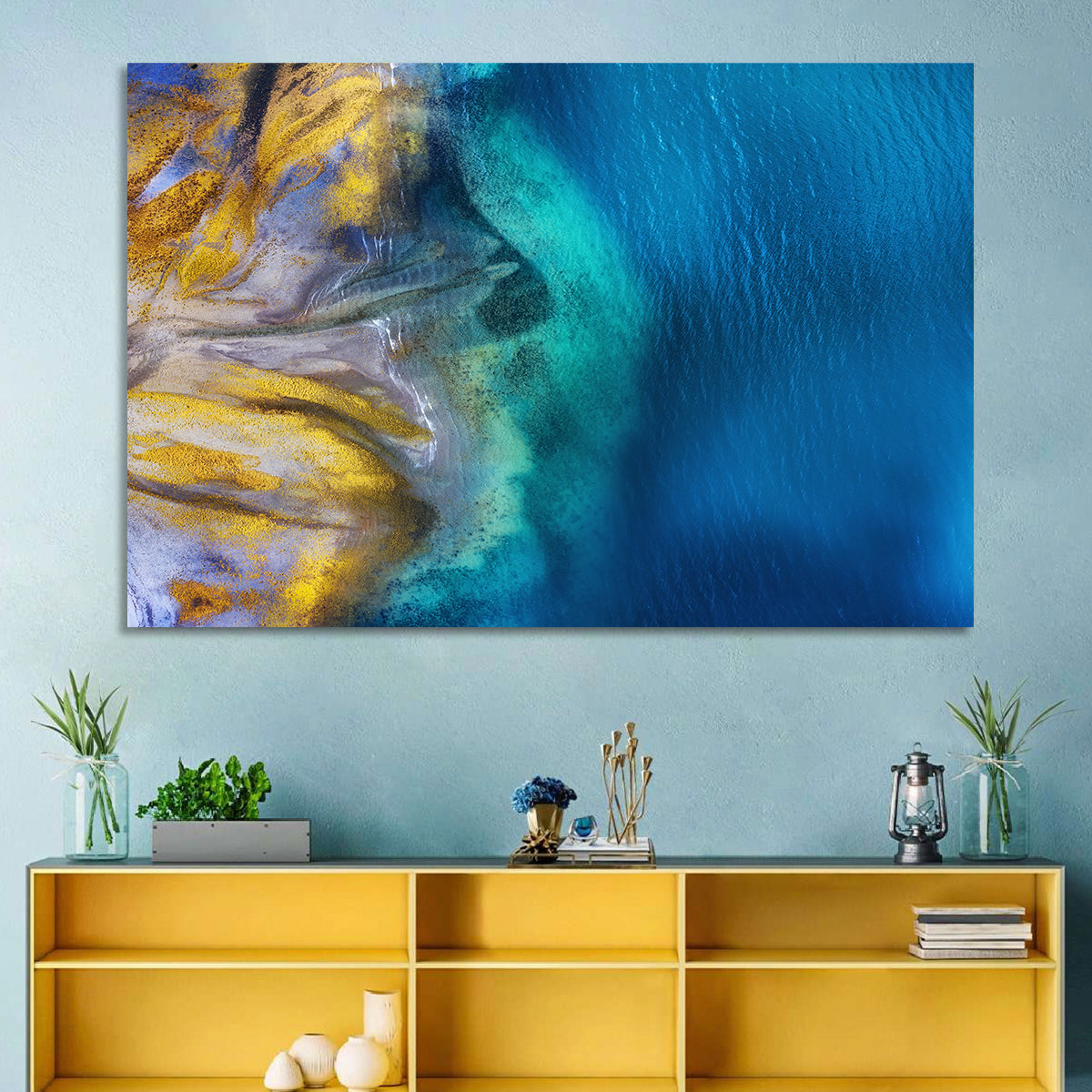 Golden Coast Abstract Wall Art in a room, landscape