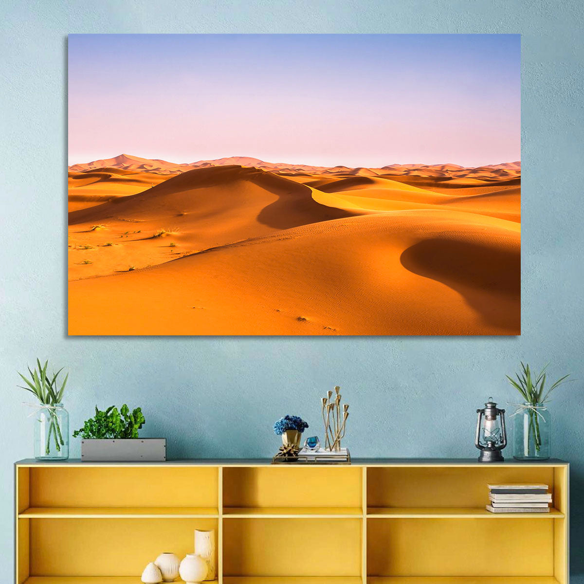 Golden Sahara Dunes Wall Art in a room, landscape