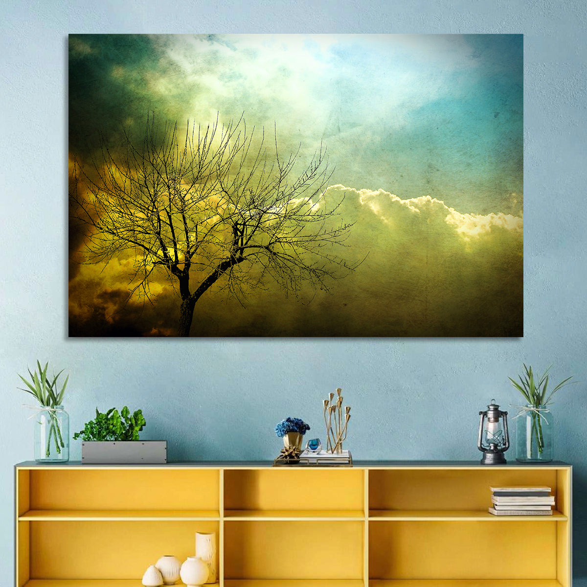 Moody Winter Tree Landscape Wall Art in a room, landscape