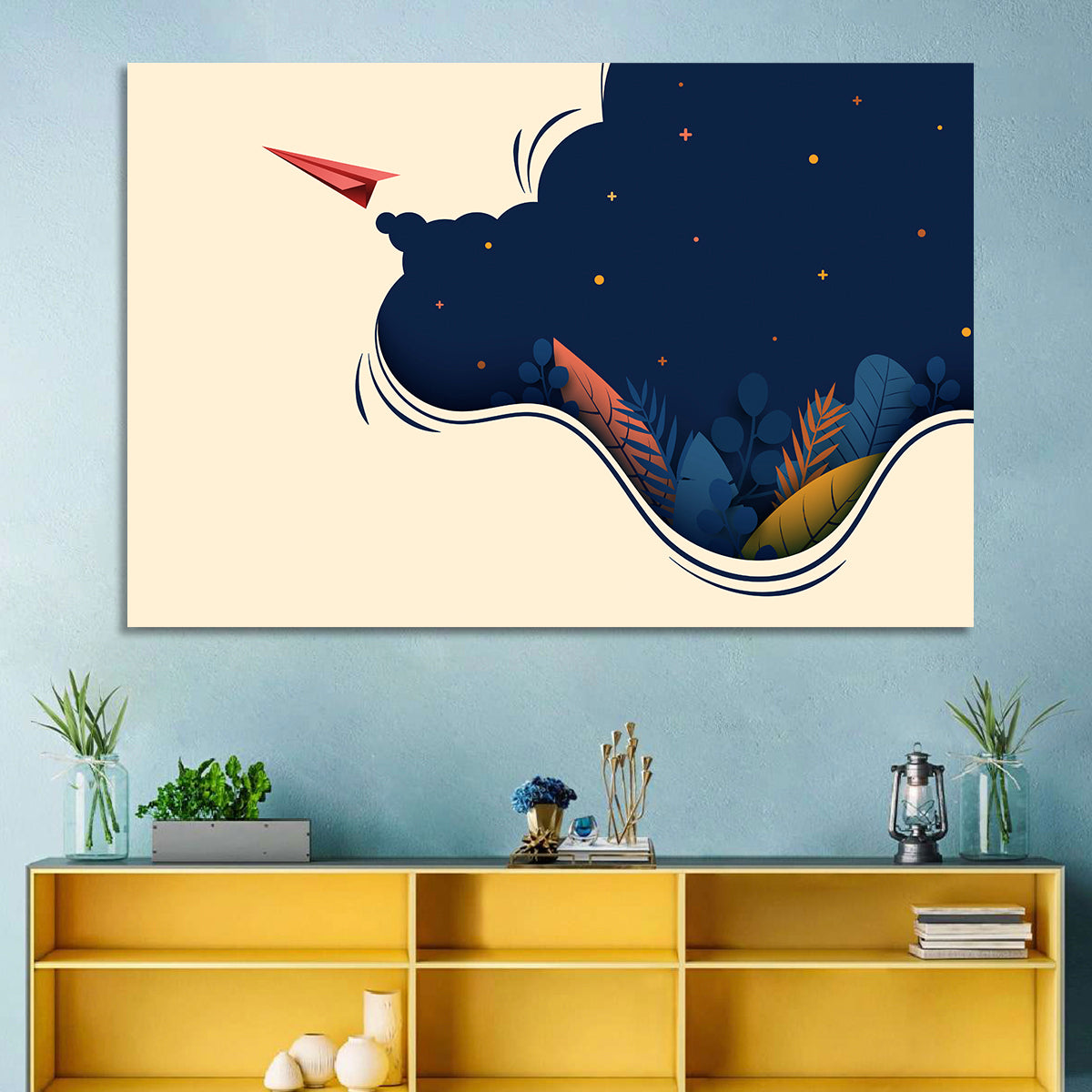 Paper Airplane in Flight Wall Art in a room, landscape