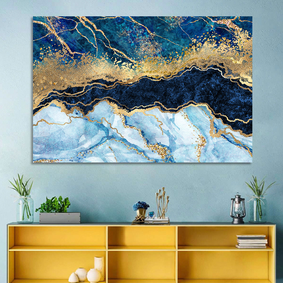 Navy Blue Marble with Gold Veins Wall Art