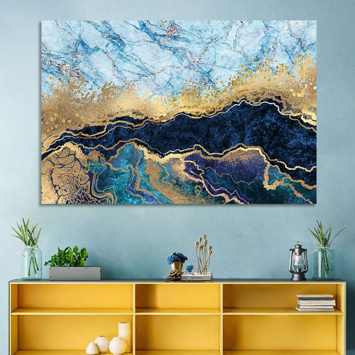 Blue Marble with Gold Veins Wall Art in a room, landscape