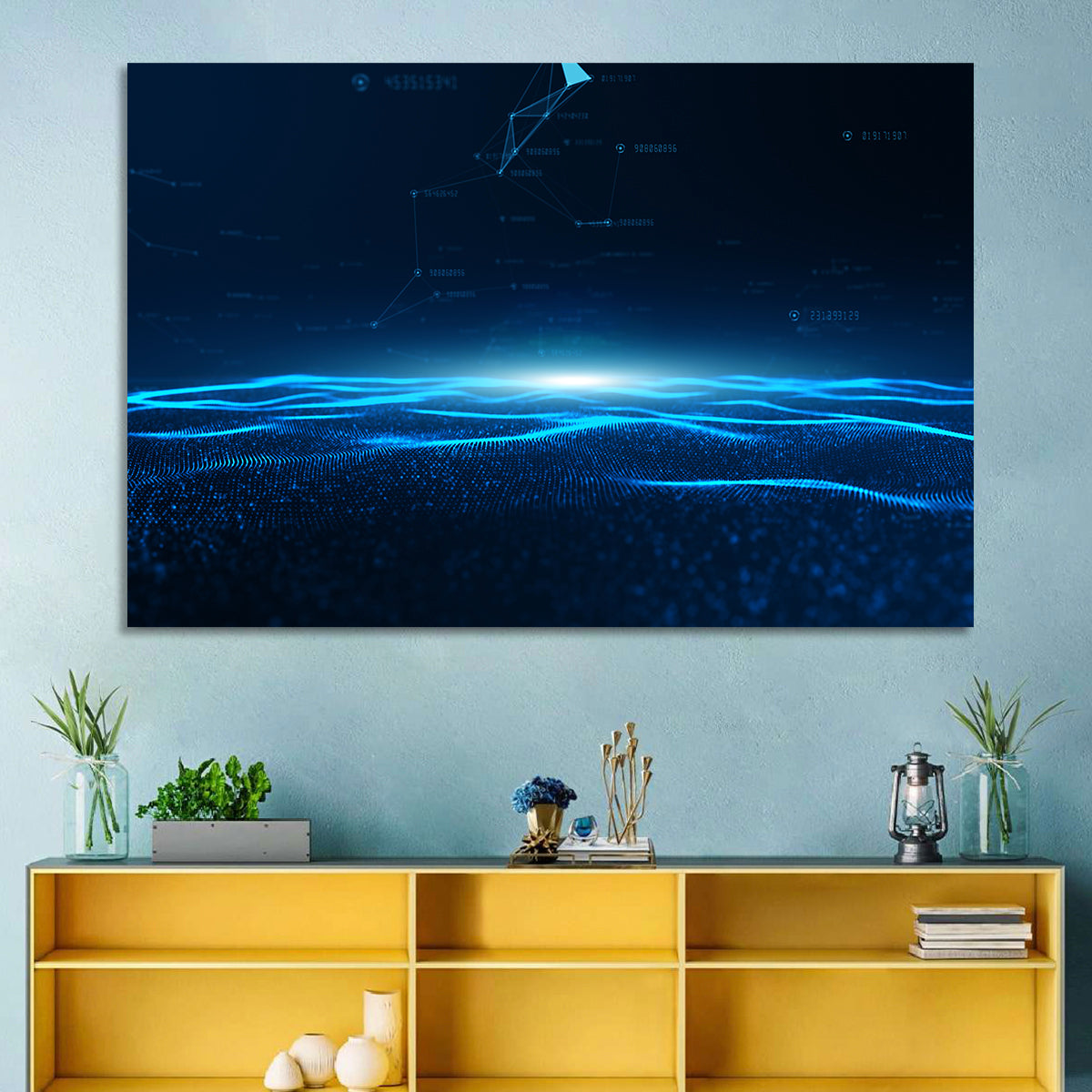 Digital Data Waves Wall Art in a room, landscape