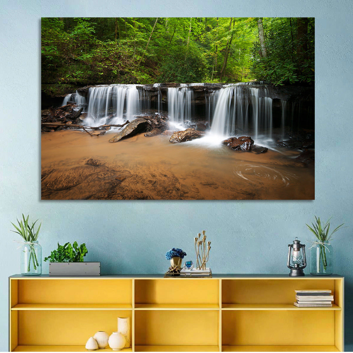 Lush Green Forest Waterfall Wall Art in a room, landscape