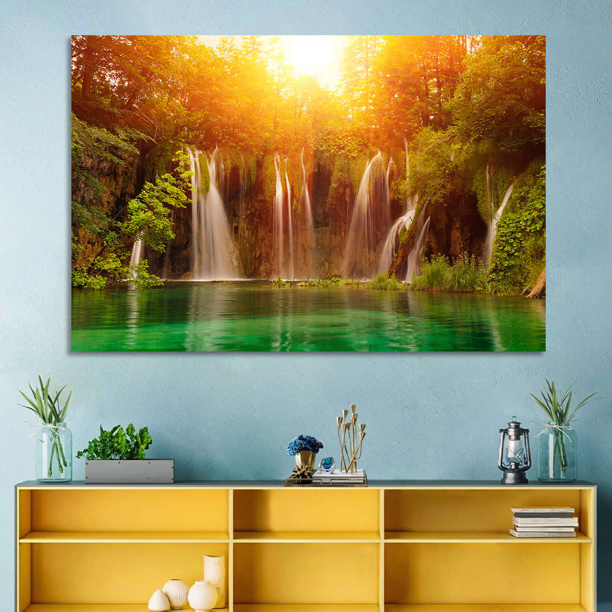 Plitvice Lakes Waterfalls Wall Art in a room, landscape
