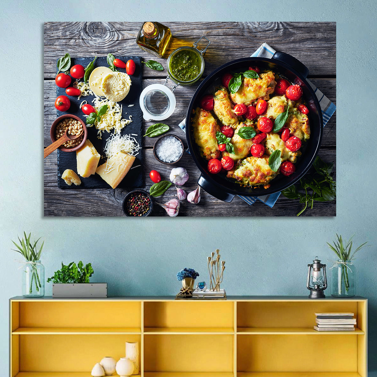 Pesto Baked Chicken Flat Lay Wall Art in a room, landscape