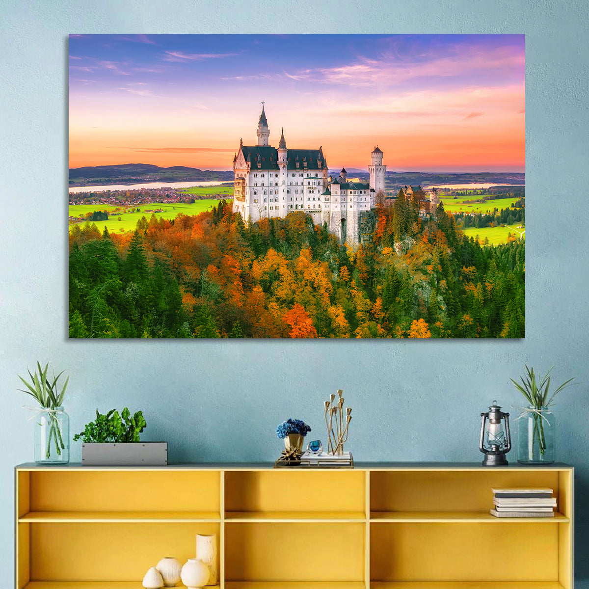 Neuschwanstein Castle at Autumn Sunset Wall Art in a room, landscape