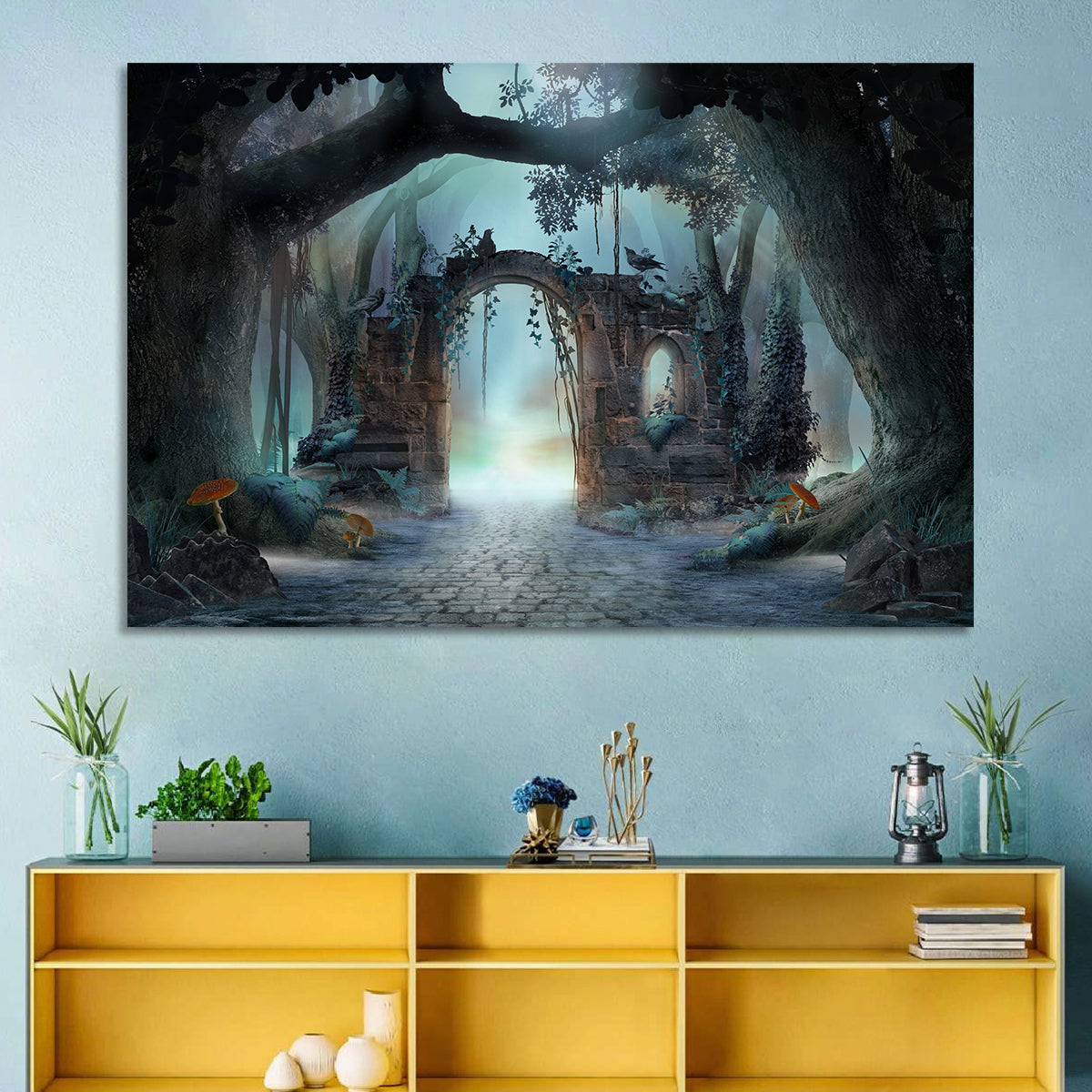 Enchanted Foggy Forest Wall Art in a room, landscape
