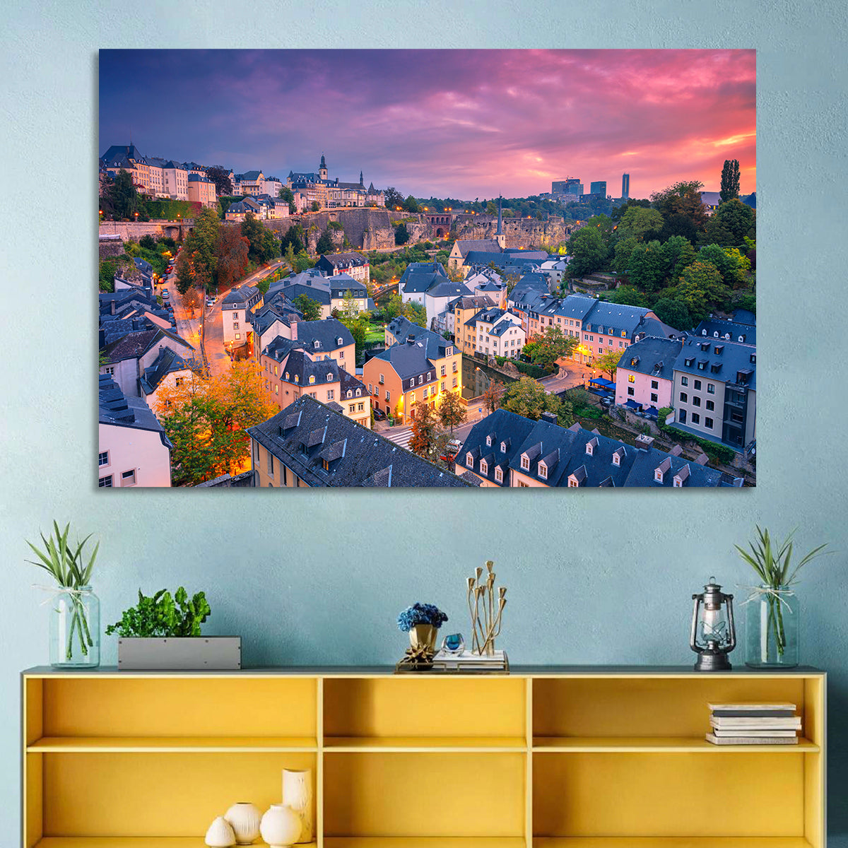 Luxembourg Grund at Dusk Wall Art in a room, landscape