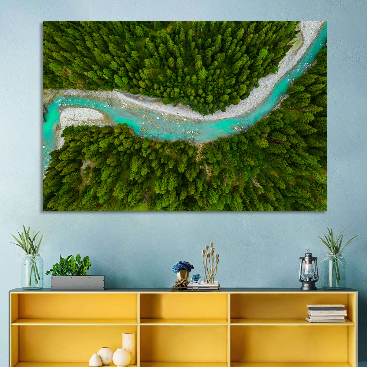 Inn River Aerial View Wall Art in a room, landscape