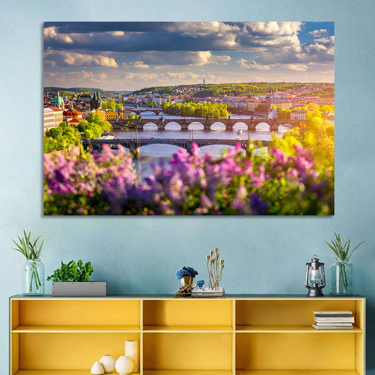 Prague Vltava Bridges in Spring Light Wall Art in a room, landscape