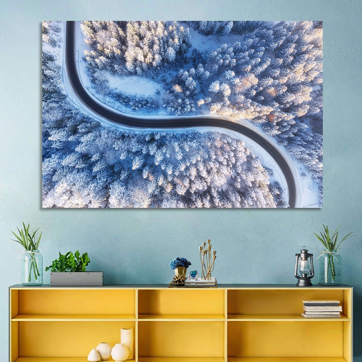 Snowy Forest Road at Golden Hour Wall Art