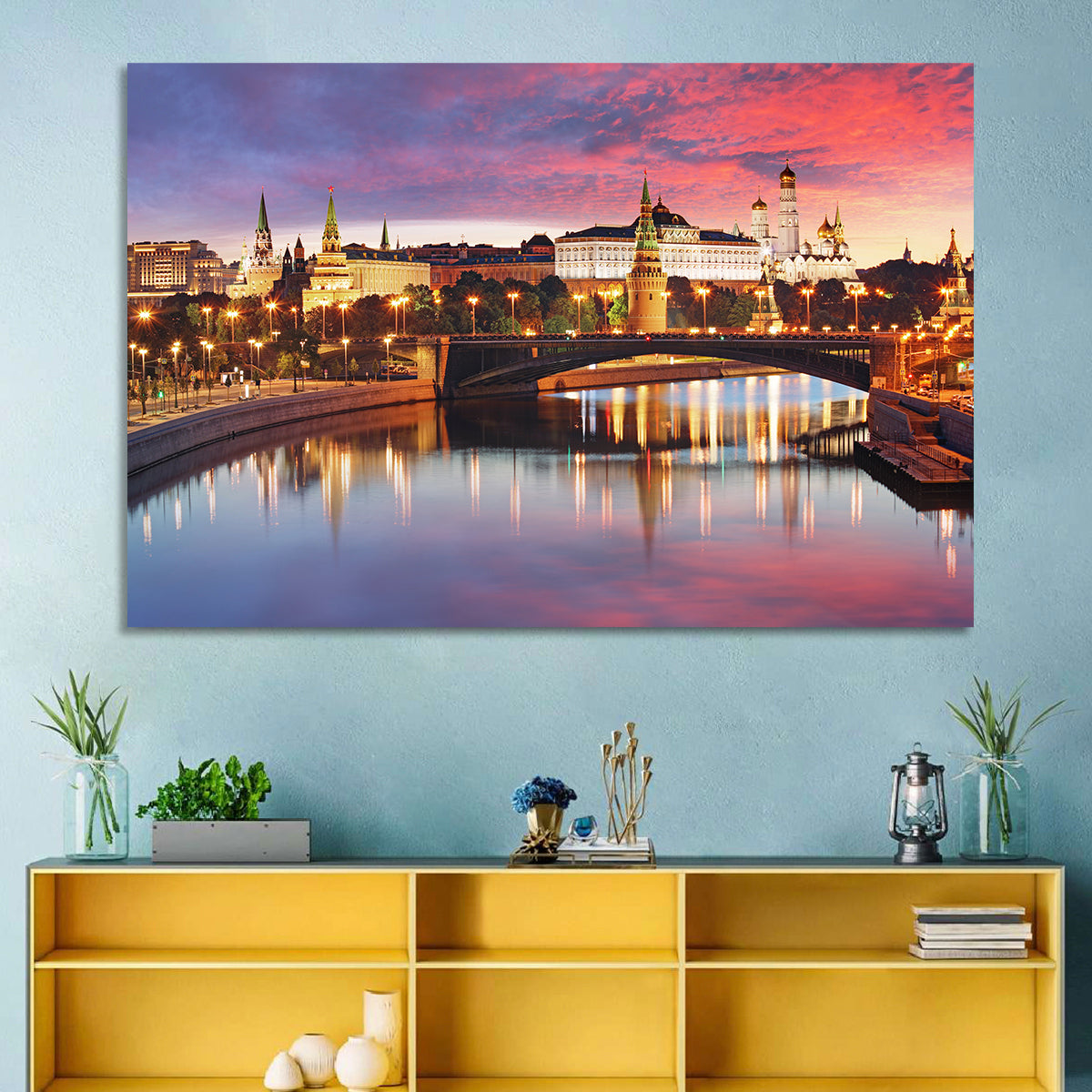 Moscow Kremlin Skyline at Twilight Wall Art in a room, landscape