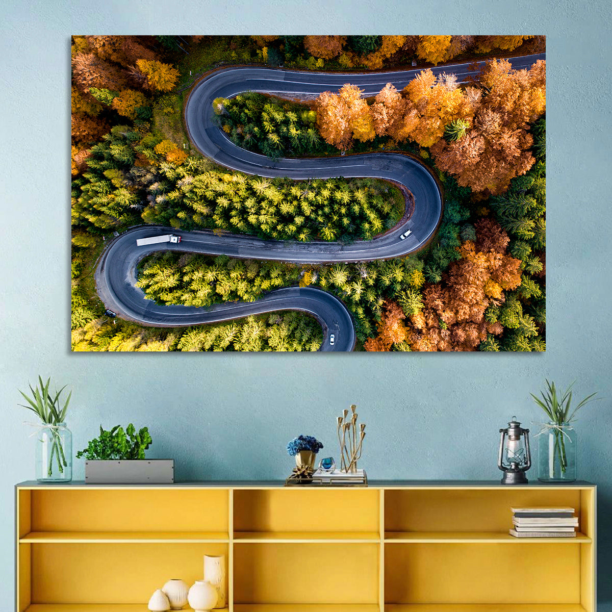 Serpentine Forest Road Wall Art in a room, landscape