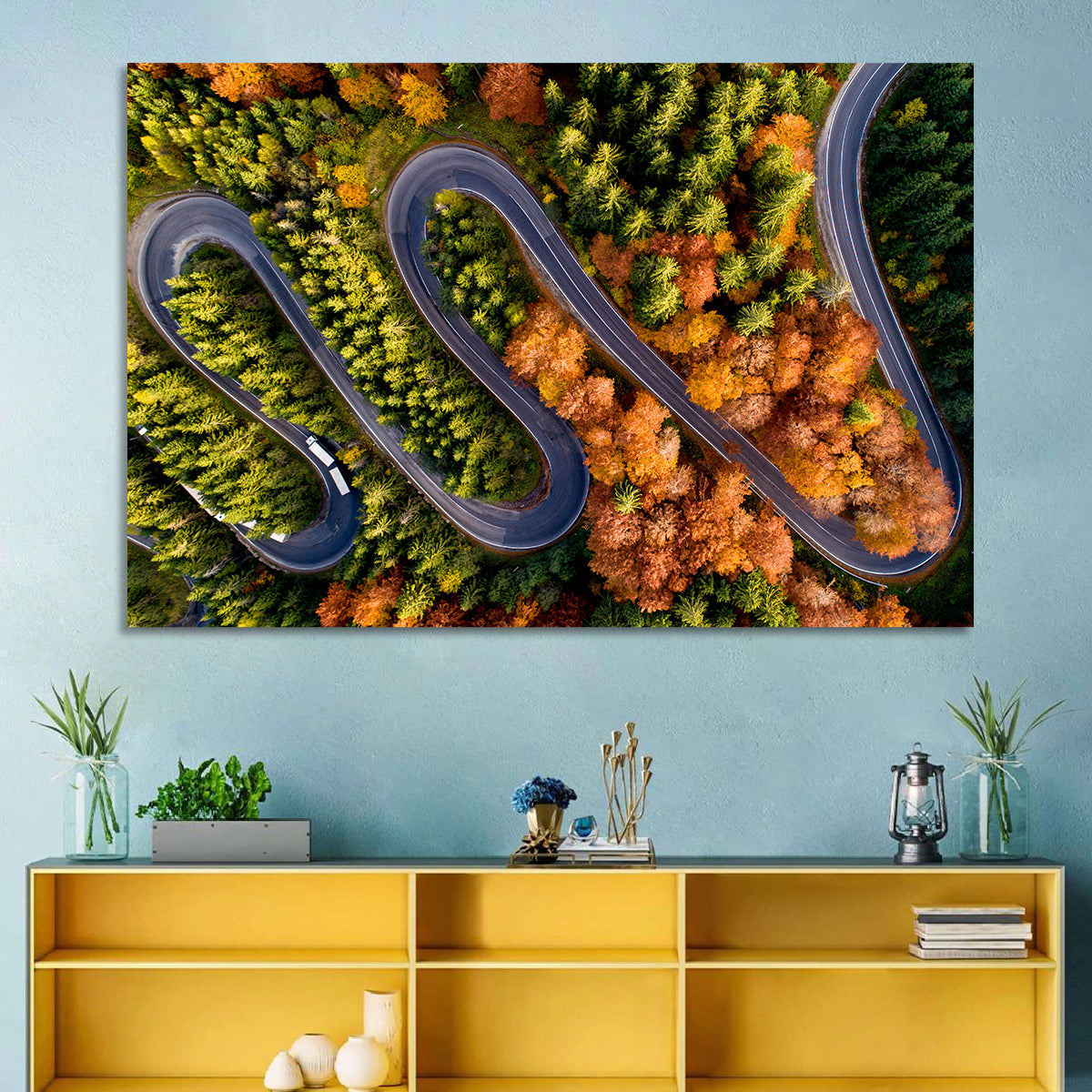 Autumn Aerial Mountain Road Wall Art in a room, landscape