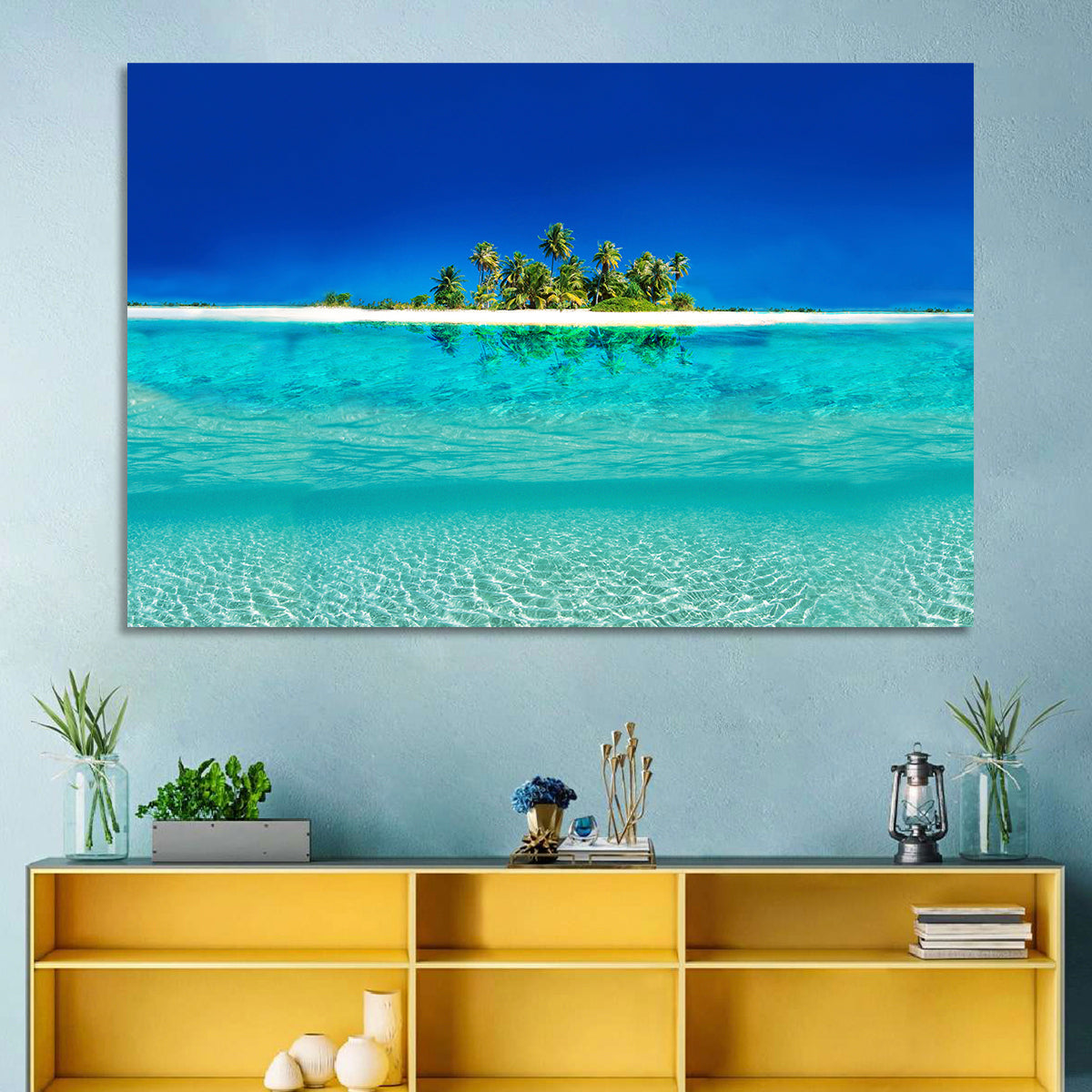 Tranquil Split-level Tropical Island Seascape Wall Art in a room, landscape